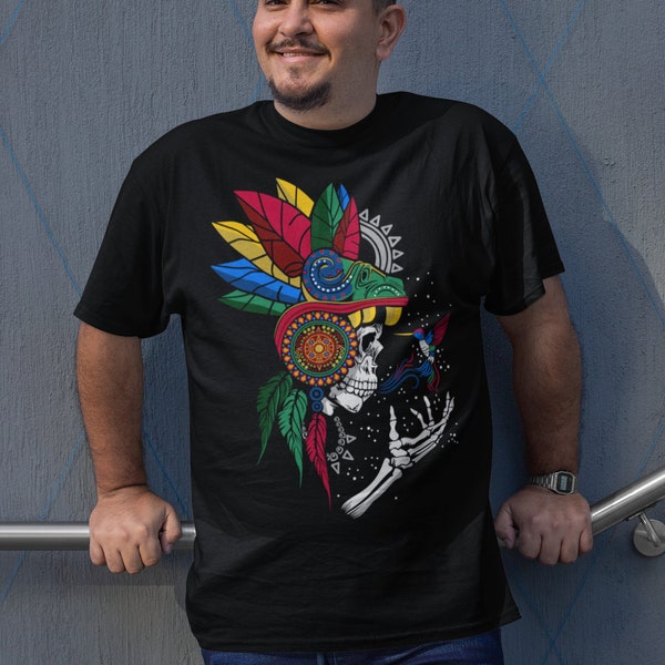 Quetzalcoatl day of the dead art mexican tshirt aztec art shirt hummingbird print mexican clothing men dia de los muertos skull