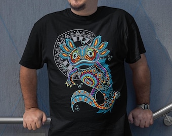 Aztec Axolotl Shirt, Mexican Alebrije Art, Huichol Art Tee