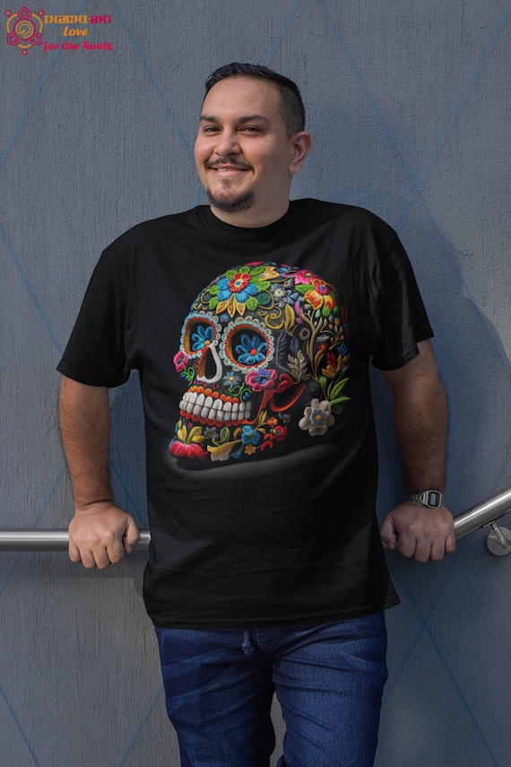 T-shirt Gildan Homme Col V Avec Crâne Sugar Skull Day Of The Dead - Neuf Avec étiquette