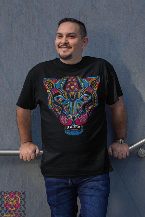 Huichol Jaguar Shirt Men: Colorful Wixarika Folk Art Cotton Tee