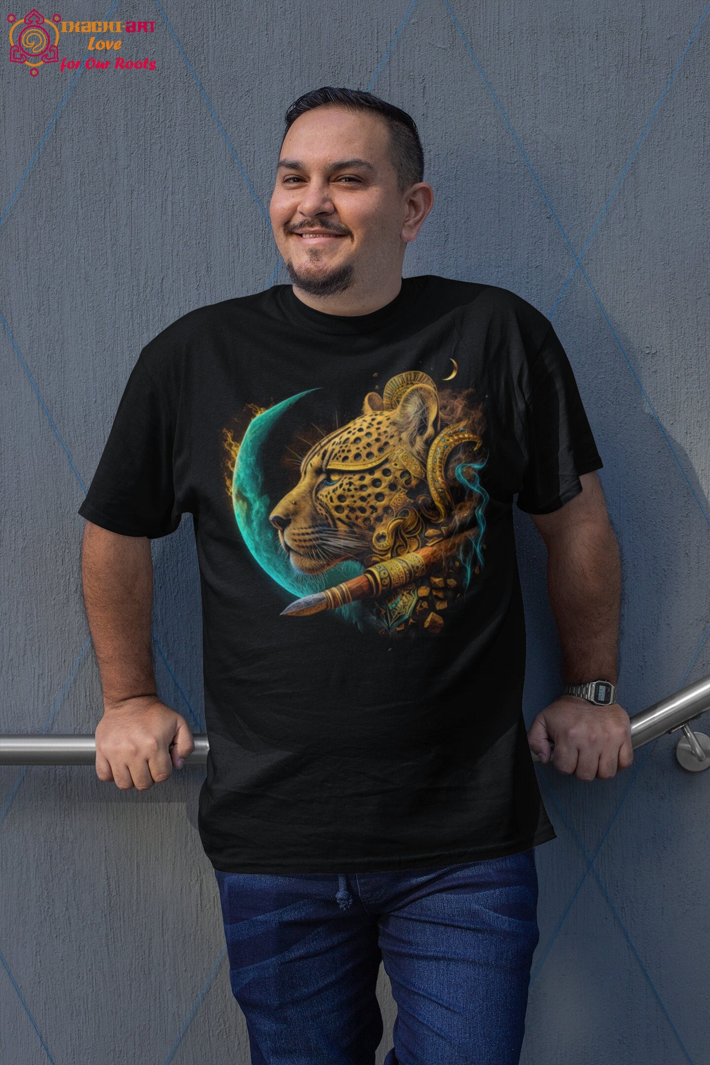 Aztec Art Jaguar Print T-shirt for Men with Hispanic Heritage