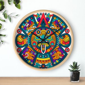 Handcrafted Mayan Calendar Wall Clock - Unique Wooden Decor, Mexican Art, Battery Operated