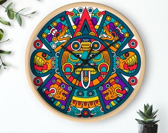 Handcrafted Mayan Calendar Wall Clock - Unique Wooden Decor, Mexican Art, Battery Operated