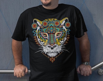 Aztec Jaguar T-Shirt, Mexican Warrior Art, Huichol art shirt