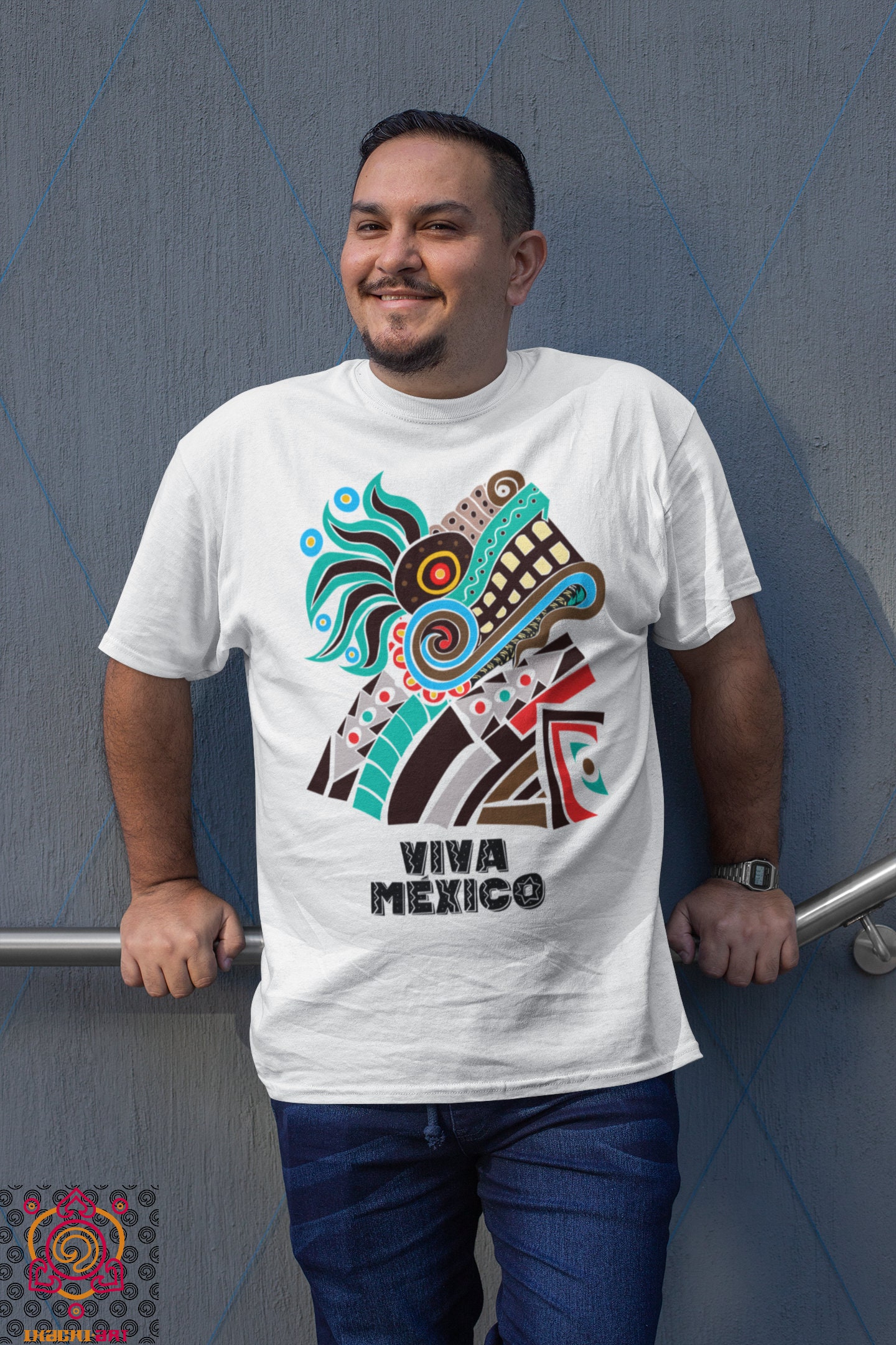 Aztec Quetzalcoatl Print T-Shirt Folk Art Gift for Long Distance Partner