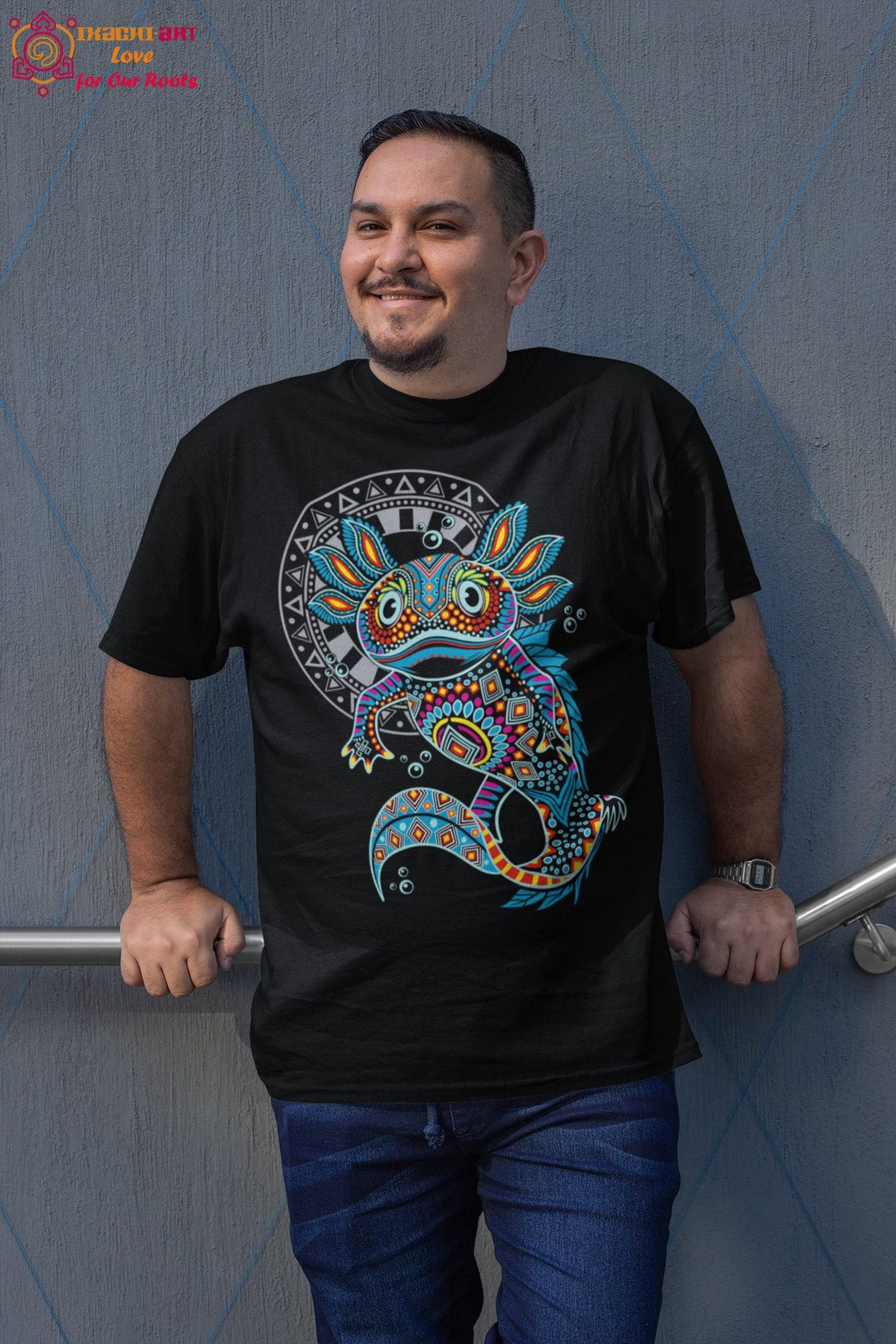 ACANTHUS x muta Hand Border Paint Tee★ Aztec Axolotl Print Mexican T-shirt for Men - Unique