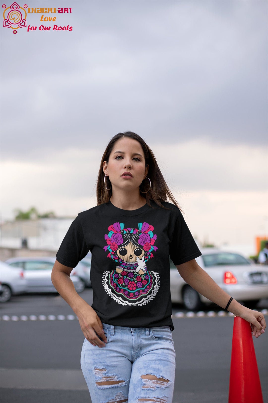 Camiseta de muñeca mexicana colorida para mujer Blusa de arte