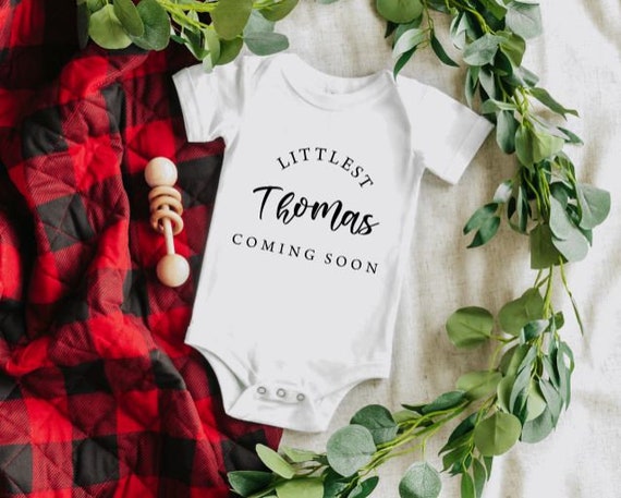 Littlest Family Member Arriving Soon Baby Bodysuit Pregnancy Announcement Outfit Custom Personalized with last name