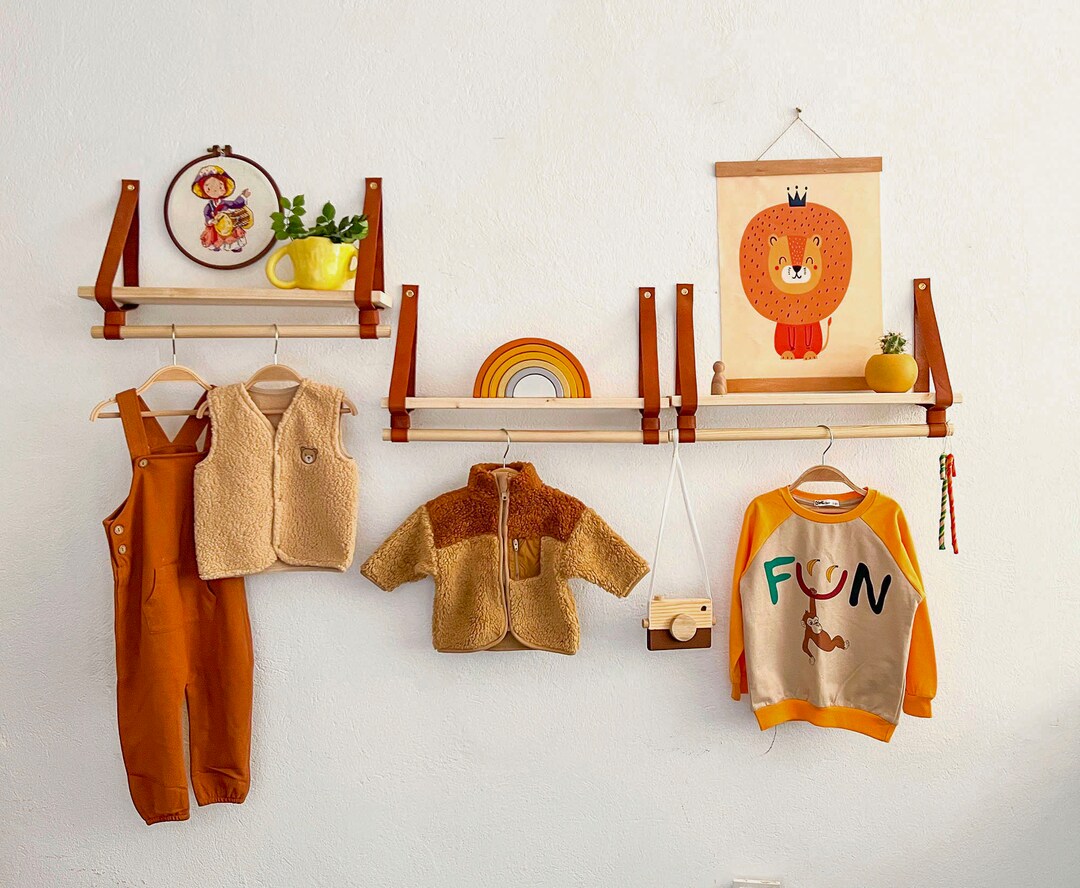 Nursery Shelf With Hanging Rod, Leather Strap Shelf, Nursery Furniture