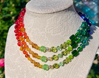 Rainbow Czech Glass Beaded Necklace • Colorful Glass Choker • Gold Plated Stainless Steel