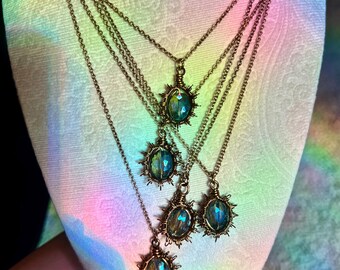 Wire Wrapped Necklace • Vintage Bronze Copper • Sunburst Crystal Pendant •16” Chain
