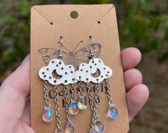 Silver Crystal raining cloud earrings, Quirky meteorology, Fun dangle huggie hooks, rainy day, unique, novelty jewelry gifts