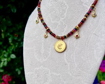 Tourmaline Moon Necklace | Gold-Plated Stainless Steel Celestial Jewelry