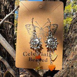 Silver sun beaded dangle earrings, bohemian, gemstone, celestial jewelry,