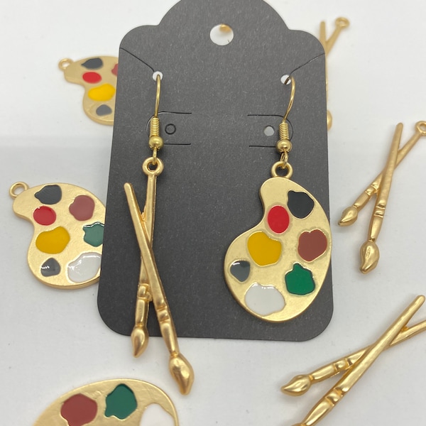 Paint and brush earrings, Artist Jewelry, Fun mismatched, gift for art teacher, party favor for women, art palette, enamel