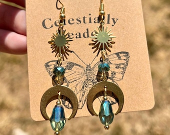 Brass Moon and Star Dangle Earrings: Bohemian Celestial Jewelry
