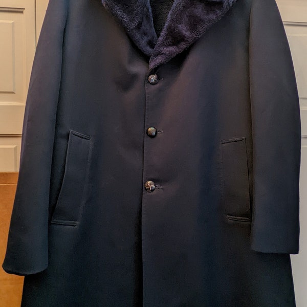 Vintage Unique Whaling Manufacturing Company Blue Polyester Blend Faux Fur Collar Men's Winter Coat EUC SZ 42