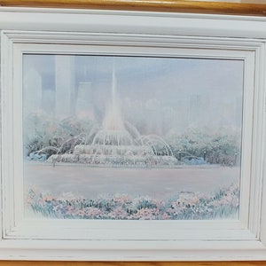 White Chalk Paint Frame Print On Canvas BUCKINGHAM FOUNTAIN CHICAGO 12" x 16"