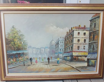 Framed Signed Vintage Oil Painting 36" x 24" Canvas Beautiful Parisian Street Scene