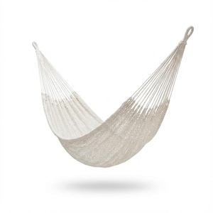 May include: A cream-colored woven hammock featuring a dense, knotted net construction with thick suspension cords gathered at two reinforced loops on each end, creating a deep, curved cradle shape suspended against a plain white background.