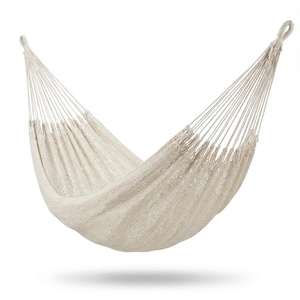 May include: Off-white hammock made of woven material. The hammock is suspended by multiple cords attached to loops at each end. The hammock is designed for relaxation and outdoor use.