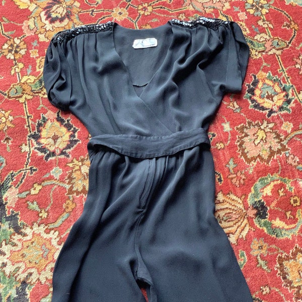 Vintage 70s Black Evening Jumsuit/Vintage Black Jumpsuit/Evening Women Jumpsuit/Black Sequin Shoulder Trim/Party Wear/70s Evening Wear