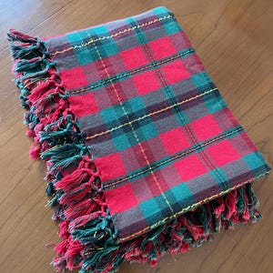 May include: A folded rectangular textile featuring a red, green, and dark gray plaid pattern. The fabric is accented with thin gold metallic threads woven throughout the design. The edges are finished with decorative red and green fringe tassels.