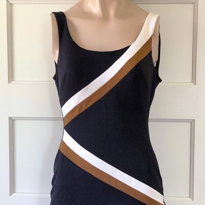 Vintage 60s Sirena Color Block Swimsuit/One Piece Stripe Bathing Suit/Vintage Swimsuit/Black Beige Rust/Pin Up Style Bathing Suit/Sml & Med