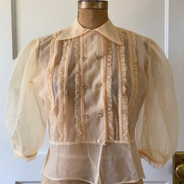 Vintage 1950s Sheer Nylon Blouse/Vintage Blush Peachy Nylon Blouse/40s Nylon Ruffle Blouse/Puffed Sleeves Sheer Nylon Top/Sml & Med