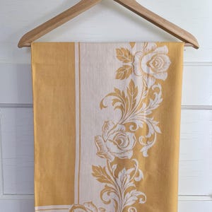 Vintage 60s Ocre and White Damask Tablecloth | MCM Royal Rose Pattern | Damask Rayon & Cotton | Reversible Tablecloth | Rectangular 49 x 82