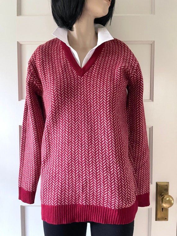 Alan Paine, Vintage 60s Lambswool V-Neck Sweater: Alan Paine England, Raspberry Chevron