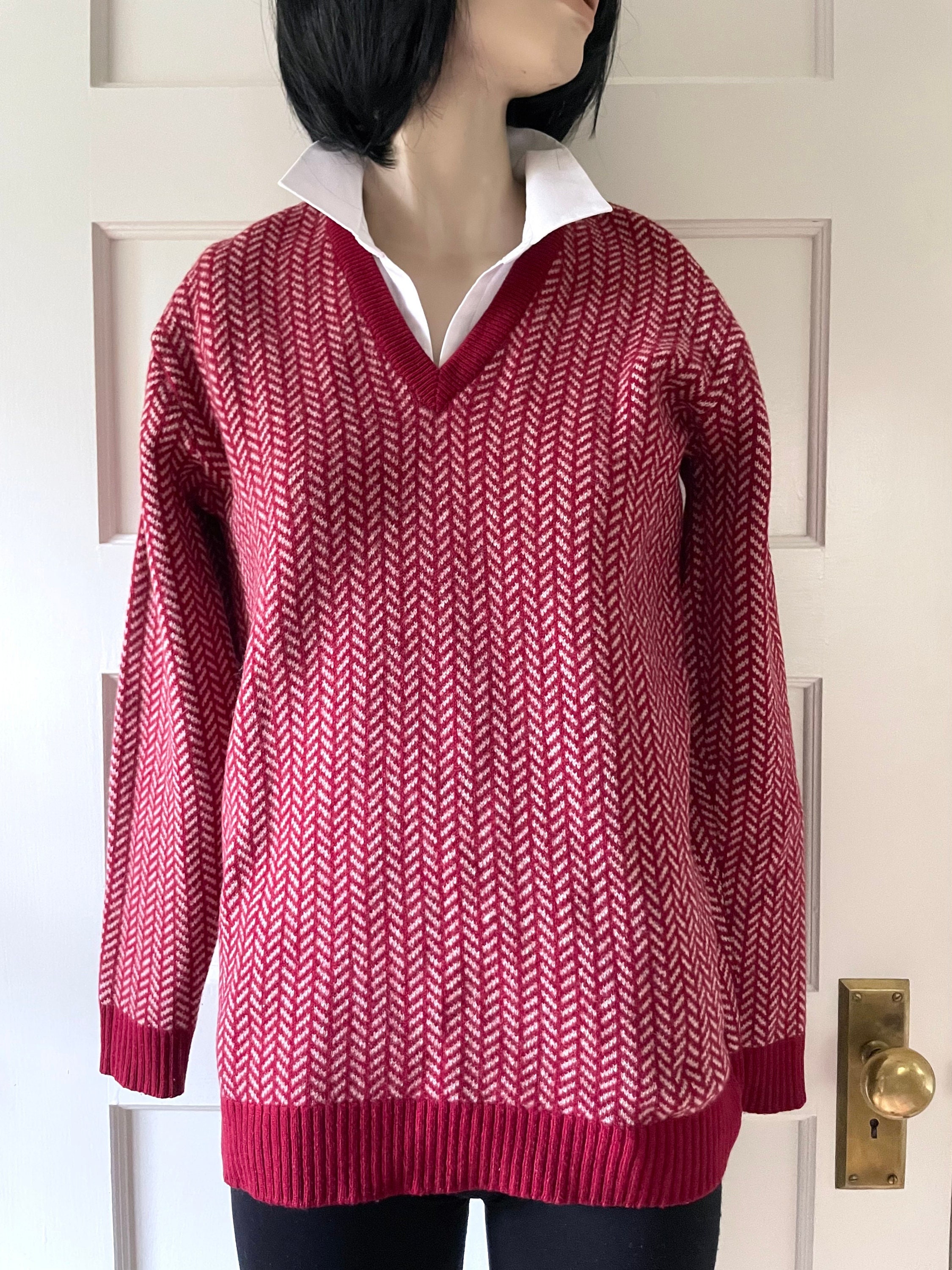 Alan Paine, Vintage 60s Lambswool V-Neck Sweater: Alan Paine England, Raspberry Chevron