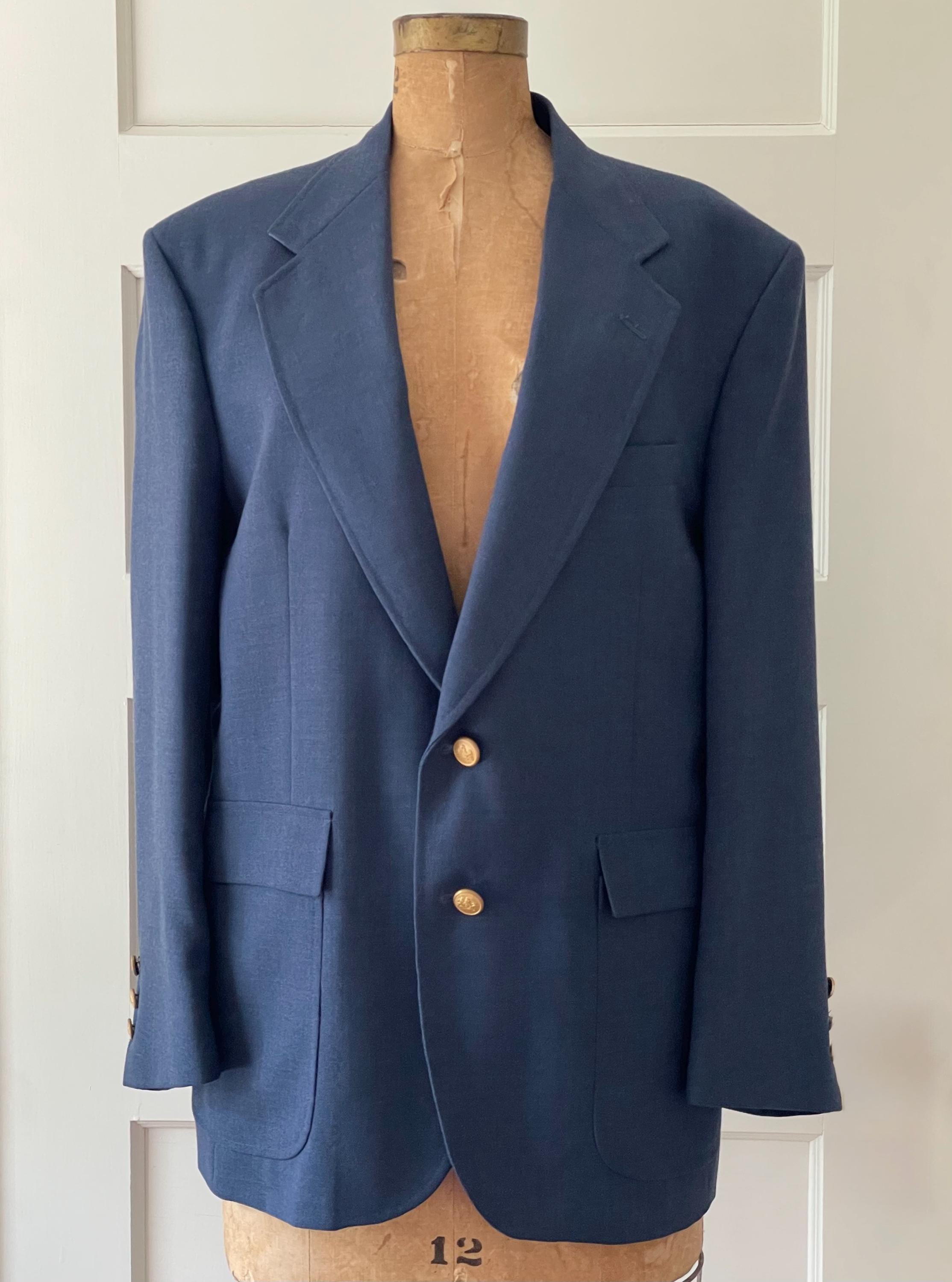 Vintage 80s Stafford Mens Blazer | Midnight Blue Wool Blend | Gold 