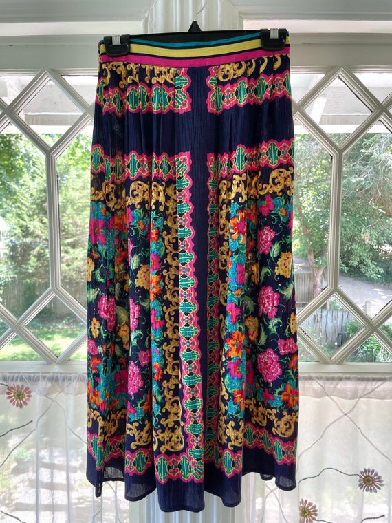 80s Baroque Floral Print Maxi Skirt/Jewel Tones Fl