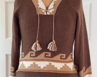 Vintage 70s Knit Pullover Sweater: Southwest Print Tie Neck - XS/S