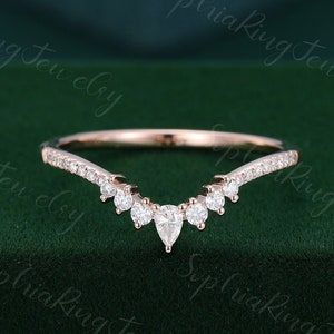 Peervormige moissaniet gebogen trouwring 14K roségouden milgrain diamant stapelen bijpassende ring Vintage bruidsring Promise cadeaus voor vrouwen