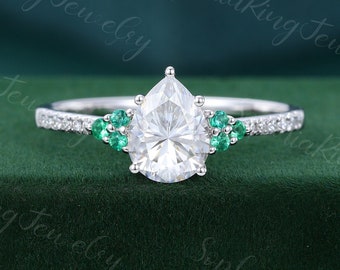 Pear shaped Moissanite engagement ring Unique White gold engagement ring vintage natural Emerald ring for Bridal anniversary gift for women