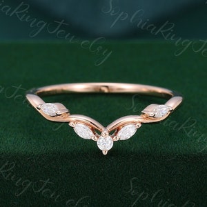 Marquise moissanite curved wedding band Art deco 10k/14k rose gold diamond ring for women Bridal stacking matching promise ring Gift for her