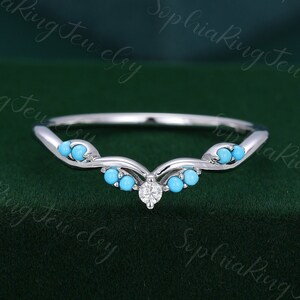 Cluster turquoise gebogen trouwring massief 14k witgoud stapelen bijpassende trouwring vintage art deco bruids belofte ring cadeau voor haar