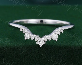 Unique Curve wedding band women White gold Vintage Moissanite wedding band diamond Stacking Matching ring Bridal Promise gift for women