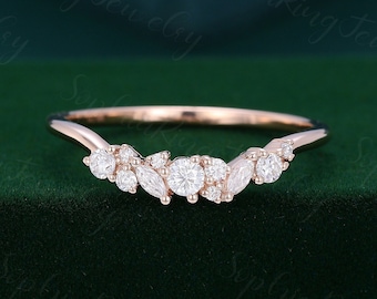 Rose gold Round cut wedding band women Marquise cut Moissanite curved wedding band vintage stacking matching half eternity ring Bridal Gift