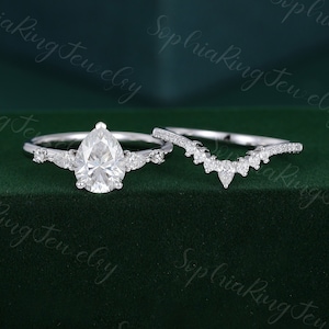 Unique Pear shaped Moissanite engagement ring set Solid 14K White gold engagement ring Pear Diamond vintage Bridal anniversary gift for her