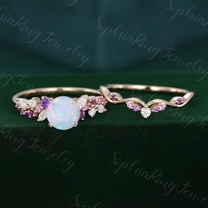 Round cut Opal engagement ring set Unique rose gold engagement ring Pink sapphire/Amethyst diamond wedding bridal Promise Anniversary gift