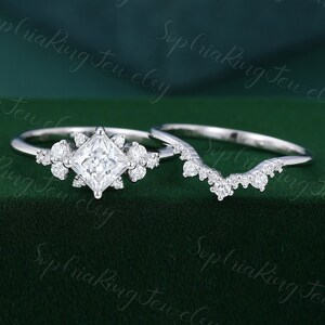 Princess cut moissanite engagement ring set women White gold cluster diamond engagement ring unique curve wedding Bridal Anniversary Gift