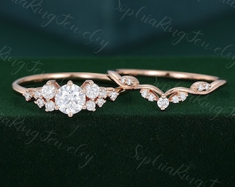 Vintage moissanite engagement ring set Unique rose gold cluster engagement ring curved diamond wedding bridal  Promise Anniversary gift