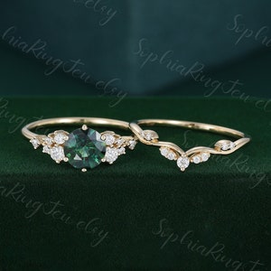 Round cut 6.5mm Blue green sapphire engagement ring set Unique yellow gold moissanite engagement ring diamond set Promise Anniversary gift