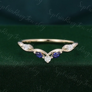 Unique Curved wedding band yellow gold moissanite wedding band women Vintage sapphire Marquise Diamond wedding Bridal Matching promise gift