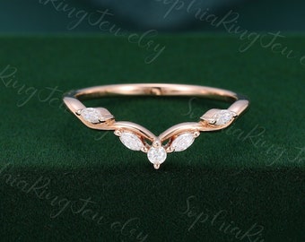 Unique Curved wedding band rose gold moissanite wedding band women Vintage Marquise Diamond wedding  ring Bridal Matching promise gift
