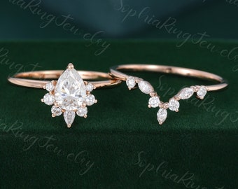 Peervormige Moissanite Verlovingsring set vintage Rosé gouden verlovingsring set Marquise diamant bruiloft Bruidsbelofte verjaardag voor haar