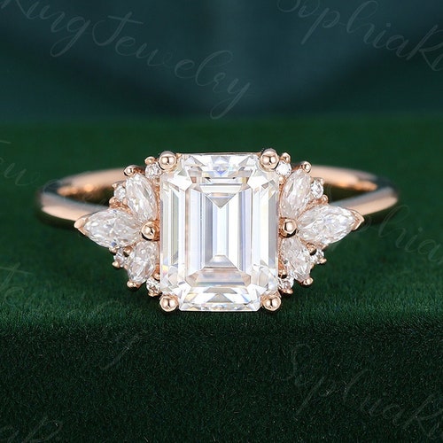 Emerald Cut Moissanite Engagement Ring Vintage Rose Gold - Etsy